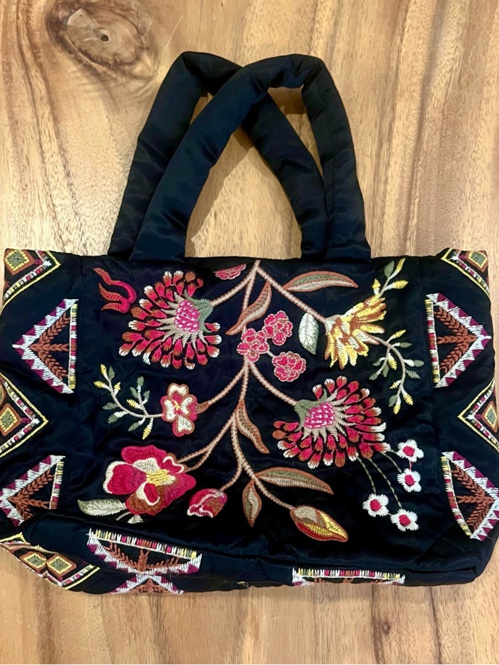 Johnny Was Black Embroidered Floral Tote